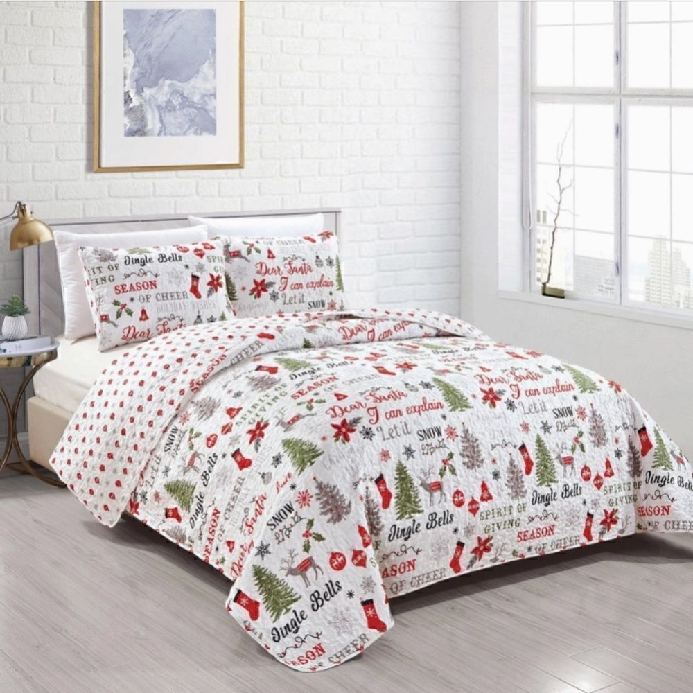 Farmhouse Christmas Carol Printed Quilted Bed Set Holiday Cheer Tis the Season
